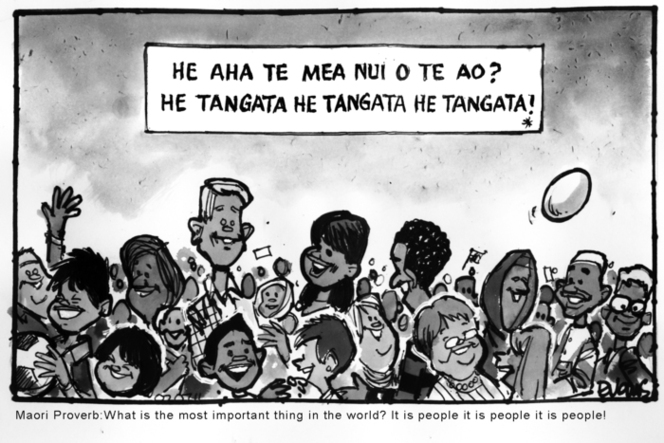 The cartoon shows a great crowd of New Zealanders both Maori and Pakeha, including many other races. Text in the cartoon reads 'He aha te mea nui tea o? He tangata he tangata, he tangata!' Below the cartoon is the text 'Maori proverb. What is the most important thing in the world? It is people, it is people, it is people!' The context is the Waitangi Day celebrations in 2011.